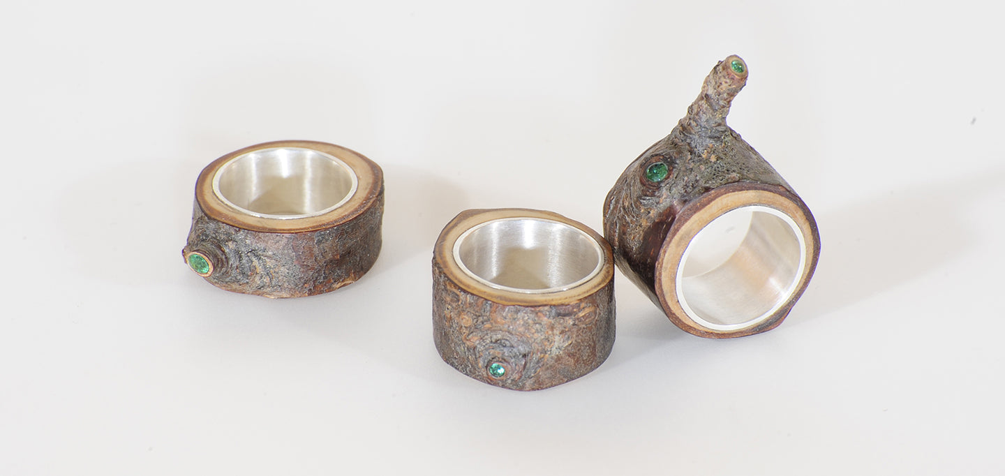 Holzringe mit Silber und Smaragd von Marianne Anselin